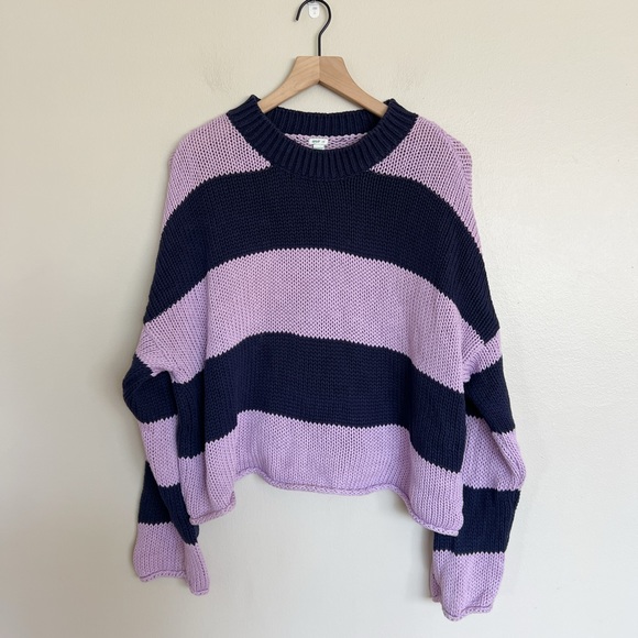 aerie Sweaters - Aerie Cropped Pullover Crewneck Sweater size Large Navy Blue Purple Stripes Knit